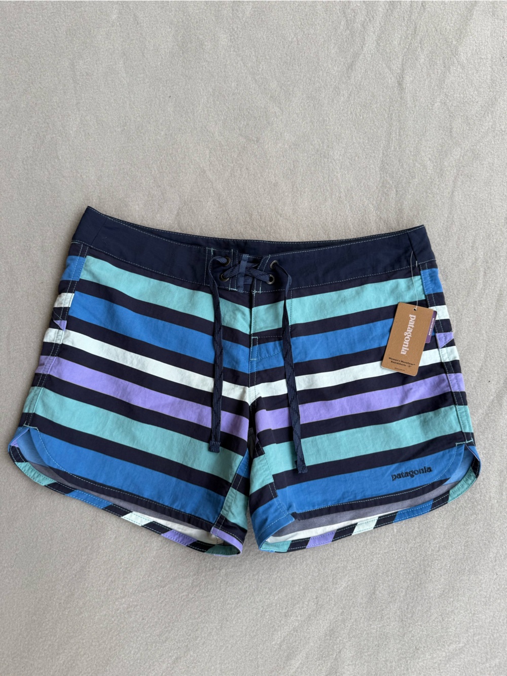 NWT Patagonia Wavefarer Board Shorts Women Sz 4 Water Ribbons Dam Blue 4”In
